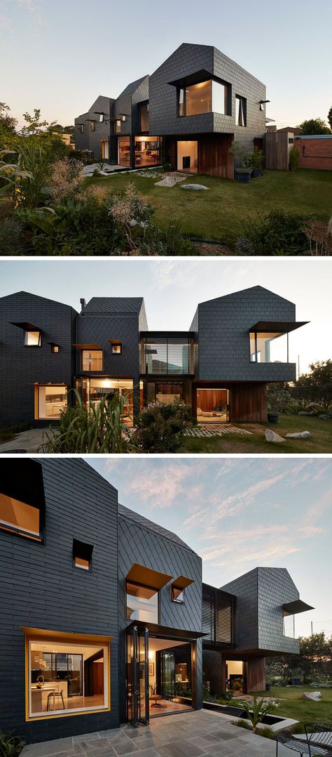 Dark grey slate tiles covers this modern home and from this angle, you can see how the patterns of the tile installation change depending on the section of the house. Container Home Designs, Luxury Exterior, Exterior Cladding, House Architecture, Container House Design, Australian Homes, House Architecture Design, Exterior House Colors, Facade House