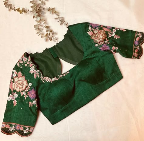 Green Work Blouse Designs, Raw Silk Blouse Designs, Machine Embroidery Blouse Designs, Machine Work Blouse, Machine Work Blouse Designs, Machine Work Embroidery, Embroidery Designs For Blouses, Magam Works, Green Blouse Designs