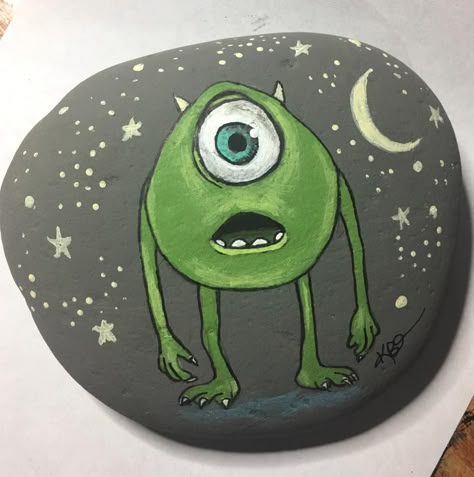 Monsters Inc Painted Rocks, Painted Rock Characters, Rock Painting Characters, Cute Rock Painting Ideas Easy Disney, Rock Painting Disney, Monster Rock Painting, Character Painted Rocks, Rock Painting Ideas Disney, Disney Painted Rocks