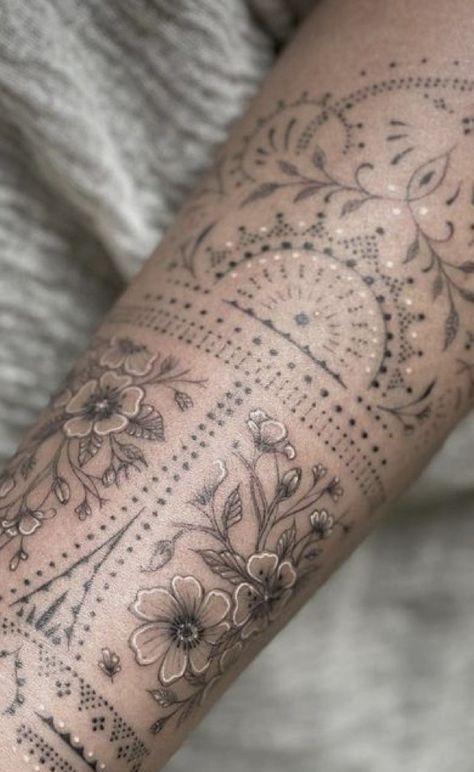 Creative Half Sleeve Tattoos For Women, 3 33 Tattoo, Ornamental Botanical Tattoo, Ornamental Sleeve Tattoos For Women, Holistic Tattoo Ideas, Meta Tattoos, Tattoo Thigh Sleeve, Feather Tattoo Sleeve, Boho Arm Tattoo