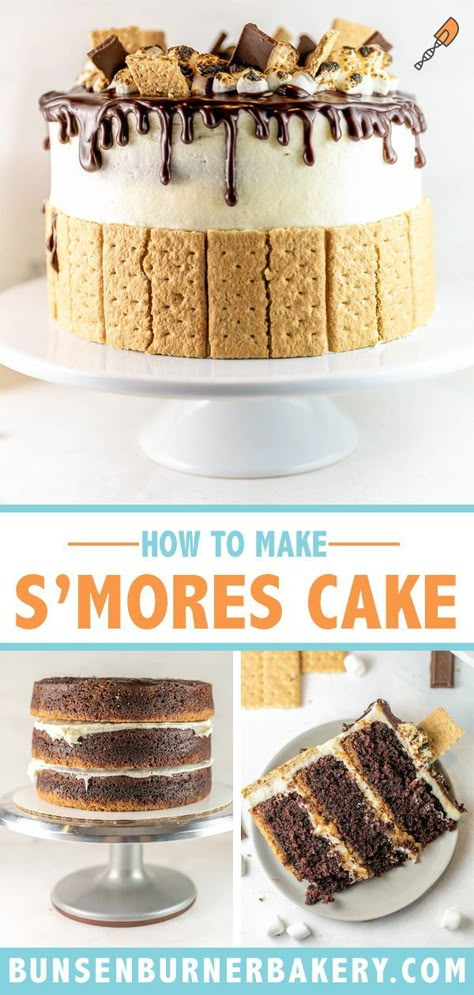 S’mores Chocolate Cake, Graham Cracker Layer Cake, Smores Cake Recipe Easy, S’more Cake Recipe, S'mores Cake Recipe, S’mores Cake Birthday, Smore Cake Recipe, Easy Smores Cake, Smores Layer Cake