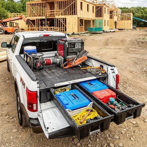 Landscape Truck Organization, Tool Truck Organization, Truck Toolbox Ideas, Truck Tool Box Organization, Pickup Tool Boxes, Truck Bed Storage Drawers, Work Truck Organization, Decked Truck Bed, Truck Bed Drawers