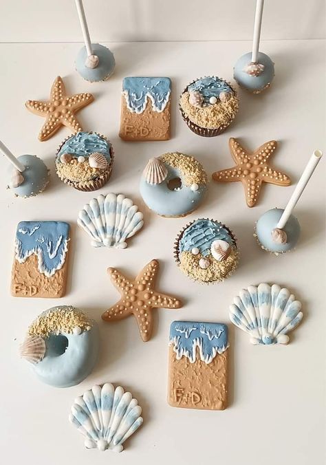 Beach Themed Strawberries, Ocean Themed Brunch, Elegant Ocean Theme Party, Shell Themed Party, Sea Shell Birthday Ideas, Ocean Theme Cookies, Coastal Birthday Theme, Beach Deserts, Beach Themed Sweet 16