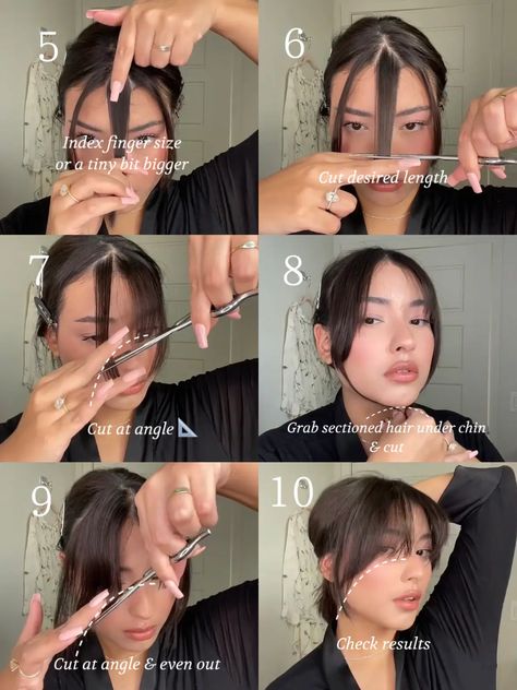 How to Cut Curtain Bangs ✂️ | Gallery posted by Katelynn 💗 | Lemon8 Bangs For My Face Shape, Make Hair Cut, Haircuts To Shorten Face, Wolf Bangs Tutorial, Curtain Bangs Sectioning, Face Framing No Bangs, Hair Parts For Widows Peak Women, New Bangs Hair, Different Curtain Bangs