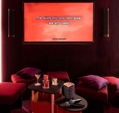 Hotel Paradiso | Open air cinema Paris | Cinema & Karaoke Karaoke Room, Space Hotel, Open Air Cinema, Cinema Experience, Ps5 Games, Cinema Room, Neon Glow, Under The Stars, The Roof