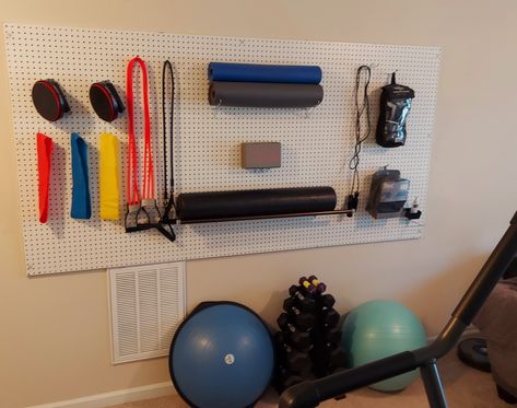 Home gym Ikea Peg Board Home Gym, Peg Board Gym, Peloton Gym, Small Gym Room, Tiny Gym, Gym Organization, Home Gym Organization, Gym Organizer, Workout Room Home