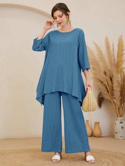 SHEIN Asymmetrical Hem Solid Top & Pants Set | SHEIN USA Co Ords Outfits, Sets Outfit, Leg Pants Outfit, Dress Design Patterns, Western Outfits Women, Loose Top, Summer Inspo, Indian Wedding Outfits, Top Pants Set