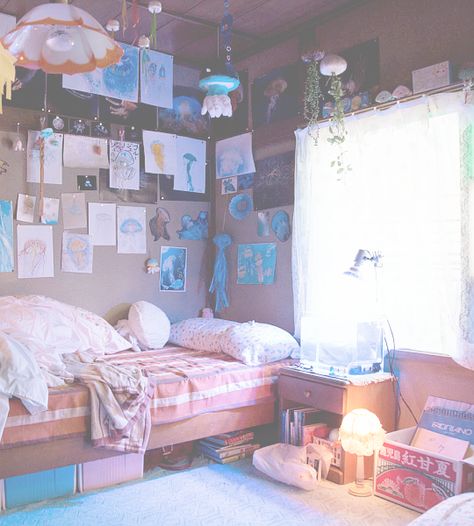 Reminds me of Bee and Puppycat room aesthetics in real life 😃 Princess Jellyfish, Stylish Bedroom Design, Otaku Room, Aesthetic Room Ideas, Deco Boheme, Room Goals, Aesthetic Rooms, Blue Rooms, Dressing Room Design