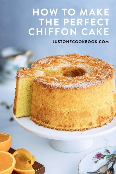 Chiffon Cake Recipe, Lemon Chiffon Cake, Orange Chiffon Cake, Japanese Pastries, Just One Cookbook, Bowl Cake, Sponge Cake Recipes, Japanese Dessert, Chiffon Cake