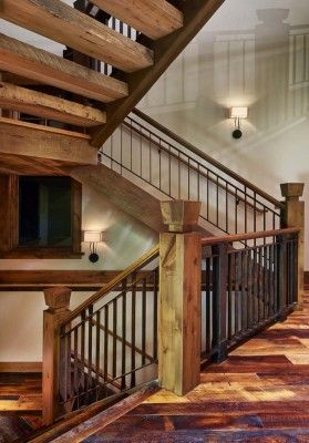 Rustic ranch house in Colorado opens to the mountains Cabin Railing, Cabin Stairs, Rustic Stairs, Stair Rails, Open Stairs, Rustic Homes, Barn Siding, Farmhouse Entryway, Open Staircase