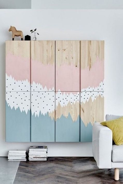 Custom Painted Wall Cabinets Ikea Hack Ikea Storage Furniture, Ikea Ivar Cabinet, Ikea Art, Ikea Apartments, Big Blank Wall, Hacks Ikea, Living Room Wall Units, Ikea Ivar, Ikea Hack Ideas