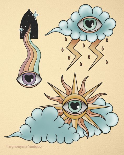 Traditional retro tattoo flash, eye tattoo, nature tattoo, sun tattoo, moon tattoo, galaxy tattoo Sun Tattoo Traditional, Eye Traditional Tattoo, Traditional Moon Tattoo, Traditional Eye Tattoo, Traditional Tattoo Flash Sheet, Traditional Sun Tattoo, Celestial Tattoos, Traditional Tattoo Flash Sheets, Tattoo Sun