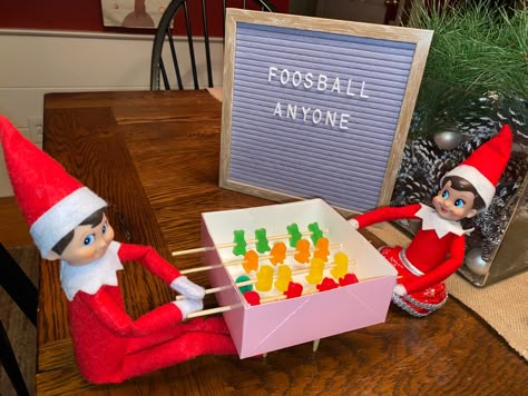 Elf On The Shelf Playing Foosball, Elf On The Shelf Dominos Pizza, Elf Foosball, December 1 Elf On The Shelf, Elf On The Shelf Gumball Machine, Elf Games For Kids On The Shelf, Elf On The Shelf Bowling, Elf On The Shelf Hot Air Balloon, Elf And Barbie Ideas