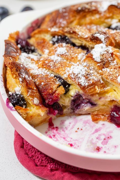 Blueberry Croissant Bread Pudding | The Missing Lokness Blueberry Croissant, Creme Anglaise Recipe, Croissant Bread Pudding, Croissant Bread, Custard Sauce, Homemade Dessert, Bread Pudding Recipe, Nyt Cooking, French Toast Casserole