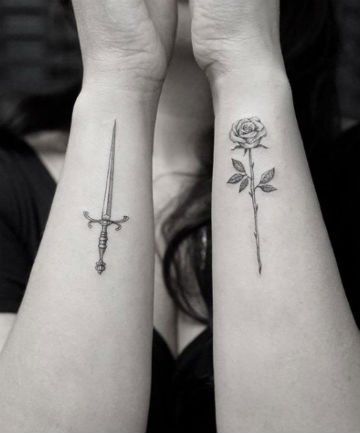 19 Rose Tattoos That Are Totally Unique Rose And Dagger Tattoo, Witch City, Rose And Dagger, Ma Tattoo, Tatuagem Masculina Pequena, Tattoo Henna, Rosen Tattoo, Dagger Tattoo, Salem Ma