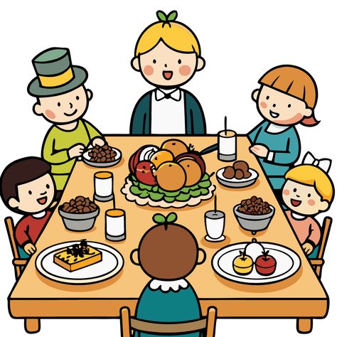 Thanksgiving Dinner Clipart Thanksgiving Dinner Drawing, Cartoon Thanksgiving, Table Cartoon, Thanksgiving Illustration, Pilgrim Hats, Pumpkin Spice Drinks, Thanksgiving Cornucopia, Thanksgiving Kids Table, Turkey Images