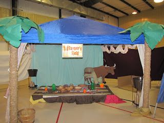 Farmer's tent - planted grass seeds Nazareth Vbs, Everest Vbs, Live Nativity, Vbs Themes, Christmas Program, Vbs Ideas, Sunday School Activities, Vbs Crafts, Christmas Themes Decorations