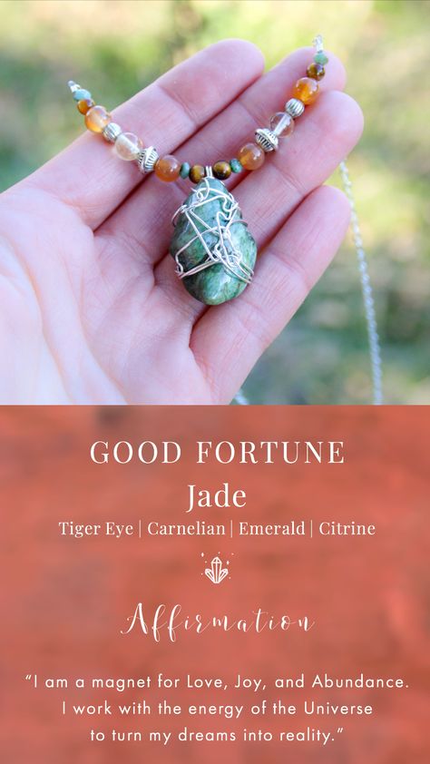 Jade Crystal Affirmation, Carnelian Affirmation, Crystals For Wealth, Crystalline Structure, Emerald Eyes, Jade Crystal, May Designs, Spiritual Crystals, Healing Necklace