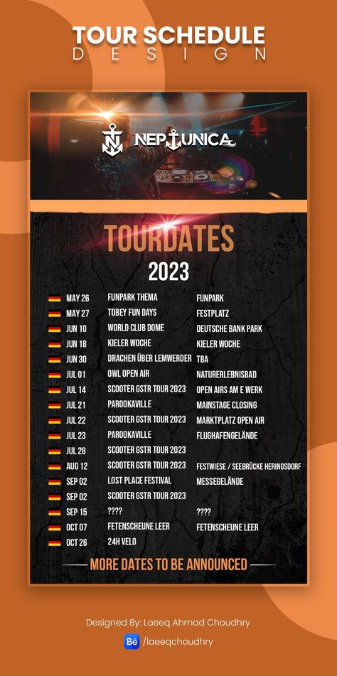 Tour Schedule Dates Template Design for Neptunica. Neptunica is a German DJ & Producer act based in Hamburg. Freelance Work, Banner Design, Graphic Designer, Digital Design, Dates, Template Design, Dj, Design, Hamburg