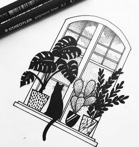 Dotwork Tattoo, Plant Tattoo, Plant Drawing, Art Et Illustration, Pencil Art Drawings, Pen Art, Cat Tattoo, Art Drawings Sketches, Ink Art