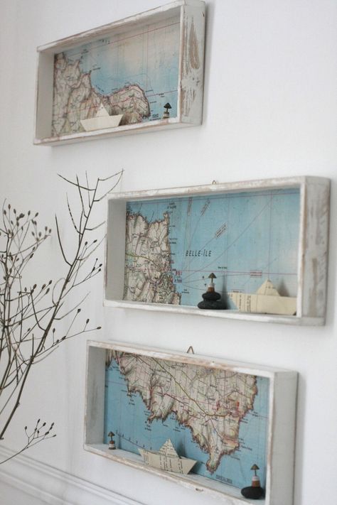 Koti Diy, Deco Marine, Map Crafts, Map Decor, Shadow Boxes, Nautical Decor, Beach House Decor, Box Art, Beach Decor