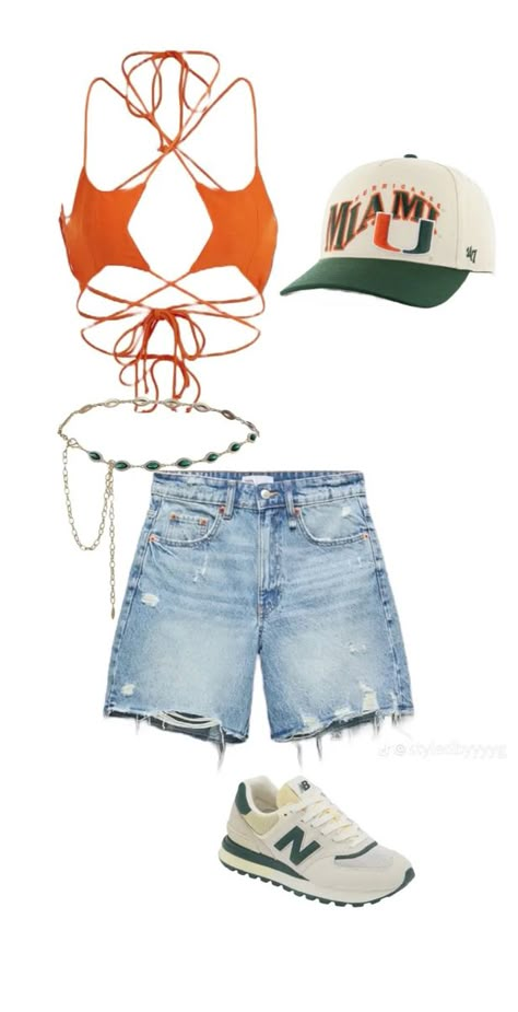 U Miami Game Day, Miami Game Day Outfit, Umiami Tailgate Outfit, Umiami Tailgate, Ultra Miami Outfits, Beach Weekend Outfit, College Class Outfits, U Of Miami, Miami Fits