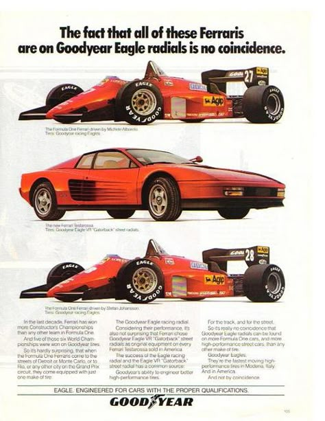 1986 Ferrari Magazine Ad by blondygirl, via Flickr Vintage Car Posters Ferrari, Ferrari Advertisement, Ferrari Advertising, F1 Magazine, Vintage Car Ads, Car Poster, Ferrari Vintage, Good Year, Cars Vintage