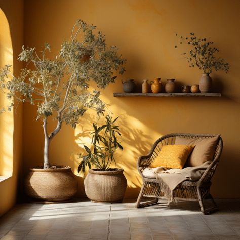 Terracotta With Yellow Mustard Image Dark Mustard Yellow Paint Colors, Clay Living Room Paint Colors, Mustard Feature Wall Bedroom, Yellow Office Decor Ideas, Mustard Yellow Feature Wall, Half Yellow Wall, Mustard Yellow Hallway, Yellow Conservatory, Ochre Colour Palette