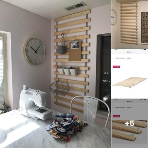 Slat Wall Ikea, Renter Friendly Shelves Bedroom, Renter Friendly Wall Shelves, Renter Friendly Slat Wall, Bed Slats Diy Projects, Renter Friendly Shelves, Ikea Wall Storage, Ikea Bed Slats, Slats Wall