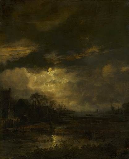 Aert van der Neer, Landscape at Sunset, c. 1645 - 1650 17th Century Paintings, Moody Painting, Moonlight Painting, Old Paintings, Ethereal Art, Classical Art, Rembrandt, Dark Art, Classic Art