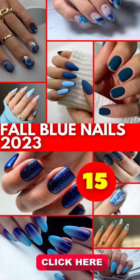 Discover the allure of fall 2023 with breathtaking blue nails that capture the essence of the season. Indulge in a spectrum of shades, from delicate light blues to captivating royal and deep navy hues. Unleash your creativity with mesmerizing designs that elevate your manicure to new heights. Whether you prefer the glamour of acrylic nails or the simplicity of a natural look, blue nails offer endless possibilities. Blue Nails Fall 2023, Nails 2023 Trends Navy Blue, Dark Blue Nails Halloween, Matte Blue Nails With Glitter, Fall Nails With Navy Blue, Shades Of Blue Nail Polish, Navy Colored Nails, Navy Blue Dip Powder Nails Design, Sapphire Color Nails