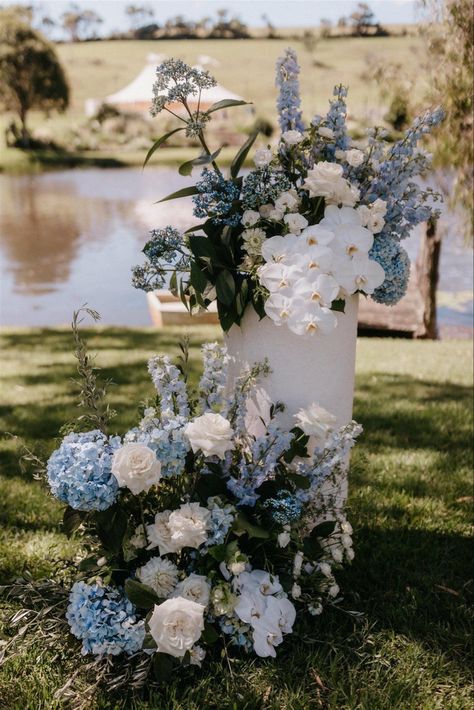 Hire Style, White Urn, Wedding Furniture, White And Blue Flowers, Blue Wedding Flowers, Ceremony Flowers, Wedding Aisle, Wedding Mood Board, Wedding Mood