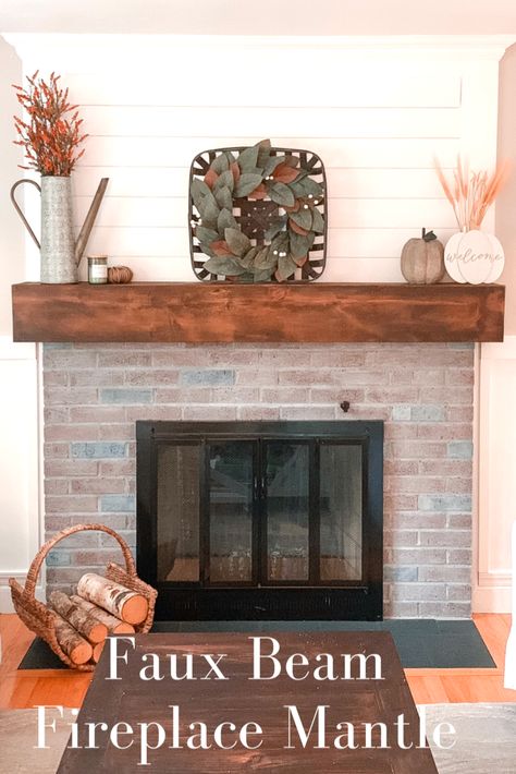 Super easy fireplace mantle update that adds a major wow factor with a farmhouse vibe!  Check out how to build your own faux beam fireplace mantle. Rough Sawn Fireplace Mantle, How To Remove A Fireplace Mantle, Add A Mantle To Fireplace, Add Mantle To Brick Fireplace, Stained Fireplace Mantle, Cheap Mantle Ideas, How To Build A Mantle Diy, Simple Wood Mantle, Replace Fireplace Mantle