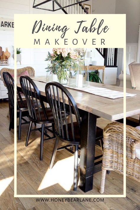 I'm loving black right now so I chose a black and wood dining table for my makeover. I love how it complements the other accents in my home. #paintcolor #farmhousetable #springdecor Wood Table With Black Legs Dining Rooms, Black And Natural Wood Kitchen Table, Black Chairs Wood Table Dining Rooms, Natural Table With Black Chairs, Black And Wood Table, Bleached Wood Table With Black Chairs, Black Stained Farmhouse Table, Wood And Black Dining Table, Raw Wood Dining Table With Black Chairs