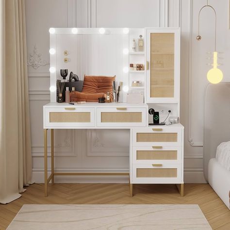 Amazon.com: JoanKaren Modern Vanity Makeup Desk with Vanity Mirror, Built-in Lights, 5 Drawers, Power Outlet, Makeup Desk for Bedroom, White & Gold, Rattan : Home & Kitchen Vanity With Lights Mirror, Bedroom Inspirations Desk, Vanity Desk Combo, Beachy Vanity, Boho Makeup Vanity, Vanity Without Mirror, Desk With Vanity, Bedroom Vanity With Lights, Bedroom White Gold