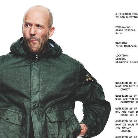 Stone Island on Instagram: "@jasonstatham wears #StoneIslandSS24
801570723 MEMBRANA 3L TC: Fishtail parka made in Membrana 3L TC, a 3-layer light performance fabric made from an opaque nylon outer face laminated to a breathable, water-resistant membrane, protected by an imperceptible polyester base. Stone Island's garment dyeing expertise gives an outstanding colour to the outer face while preserving the performance features of the inner membrane. The addition of a special agent to the dye formula gives the piece an anti-drop finish. Hood with contour flap topped by channel with elasticated drawstring. Fishtail bottom hem with elasticated drawstrings, foldable with snap fastening.

Shot by @davidsimsofficial 
Creative Direction by @ferdinandoverderi 
Interview Questions by @hansulrichobris Stone Island Parka, Fishtail Parka, The Dye, Special Agent, Fashion Photography Inspiration, Interview Questions, Creative Direction, Stone Island, Performance Fabric