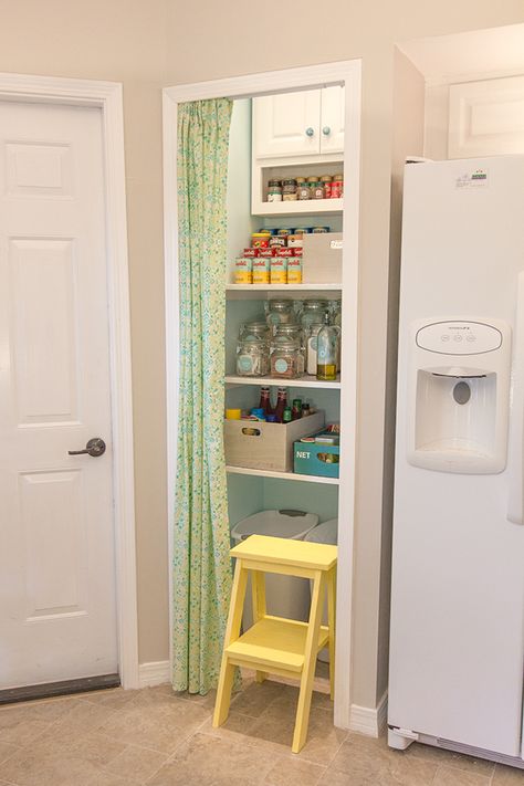 Pantry Details: No Sew Curtain, Tiered shelf, & Step Stool | Jenna Sue Design Blog Pantry Curtain, Screen Door Pantry, Remove Cabinet Doors, Painted Pantry Doors, Pantry Redo, Vintage Pantry, Curtain Kitchen, Glass Pantry Door, Tiered Shelf