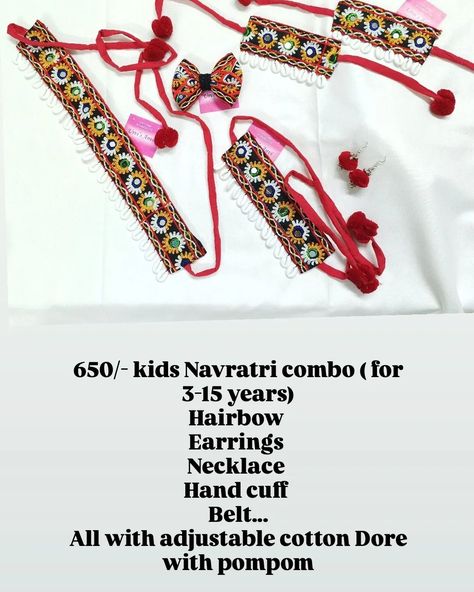 650/- kids Navratri combo ( for 3-15 years) Hairbow Earrings Necklace Hand cuff Belt... All with adjustable cotton Dore with pompom #kidsjewellery #jewellery #kidsfashion #kidsnavratrijewelry #kidsaccessories #childrensjewellery #jewelry #earrings #kids #necklace #southindianjewellery #weddingjewellery #kidsofinstagram #bracelets #love #handmade #templejewellery #accessories #imitationjewellery #bangles #fashionjewelry #supportsmallbusiness #chokers #fashion #smallbusiness #kidsnecklace ... Rakhi 2024, Earrings Kids, South Indian Jewellery, Kids Necklace, Childrens Jewelry, Temple Jewellery, Kids' Fashion, Earring Necklace, Kids Accessories