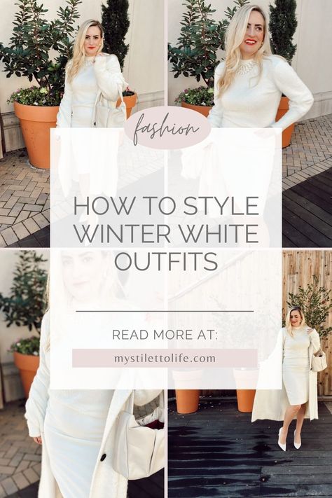 An all-white outfit is a super trendy way to elevate your look this winter. Today My Stiletto Life is sharing all of her favorite white fashion pieces for you to shop along with tips and tricks on how you can pull off this look! Follow for more 2024 winter fashion trends, elevated outfit ideas, and style guides. White Party Outfit Winter, White Christmas Outfits, White Christmas Party Outfit, All White Fall Outfit, Winter White Outfit Casual, White Christmas Outfit Ideas For Women, White Dress Winter Outfit, Chic White Sweater Dress For Day Out, White Christmas Outfit Ideas