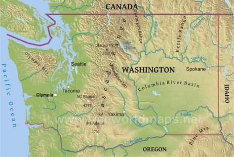 Washington map Washington State Map, Grand Coulee Dam, Washington State History, Washington Map, Forest Map, Glacier Lake, Geography Map, Western Washington, River Basin