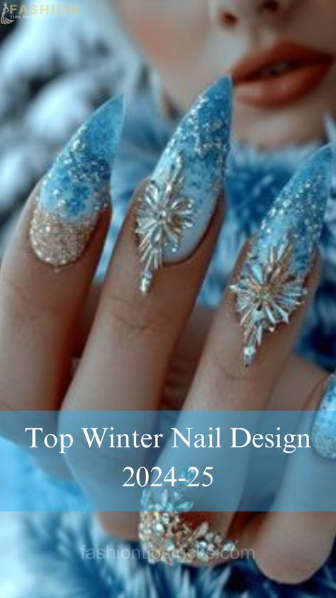 Ornate Nails, Gold Christmas Nails, Nails Navidad, Ice Nails, Winter Nail Trends, January Nail, Snow Nails, Angel Nails, Light Blue Nails