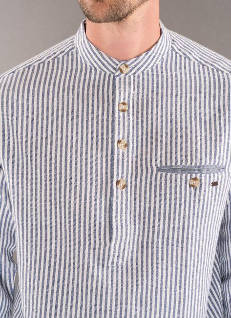 Vintage Style Hijab, Short Kurta For Men, Grandfather Shirts, Stylish Men Wear, Striped Shirt Men, Navy Striped Shirt, Nigerian Men Fashion, Banded Collar Shirts, African Shirts For Men