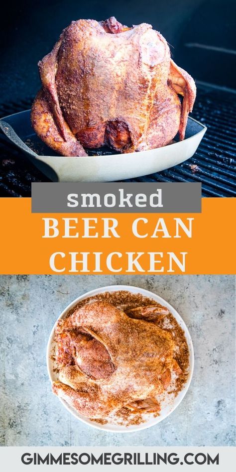 Tender, juicy, whole chicken on your smoker that's perfectly seasoned! This easy Smoked Beer Can Chicken is so flavorful from a homemade rub. The light steam from the beer marinates and makes the whole chicken so juicy. Pair that with the smokey flavor and it's the perfect dinner recipe. #beercan #chicken via @gimmesomegrilling Juicy Whole Chicken, Smoked Beer Can Chicken, Smoked Chicken Recipes, Smoked Vegetables, Homemade Rubs, Can Chicken Recipes, Beer Chicken, Can Chicken, Bbq Dishes