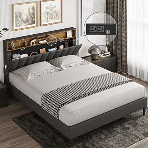 Amazon.com: Tiptiper Full Size Bed Frame with Outlets, Platform Bed Frame with Storage Headboard and Height Adjustable, Fabric Upholstered Bed with Wooden Slat Support, No Box Spring Needed, Dark Grey : Home & Kitchen Bed Frame With Storage Headboard, Beautiful Bed Designs, Modern Upholstered Beds, Queen Platform Bed Frame, Fabric Upholstered Bed, Cama Queen Size, Headboard With Shelves, Storage Headboard, Queen Size Platform Bed