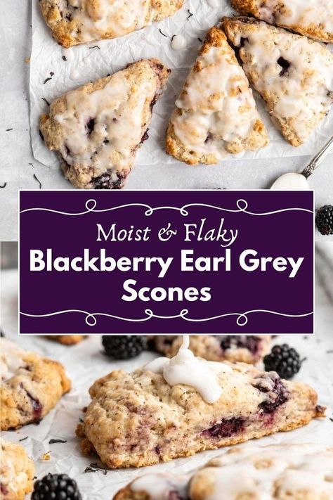 Made with fresh blackberries and flavourful earl grey tea, these Blackberry Earl Grey Scones are an awesome treat for any earl grey lover! These glazed scones are unbelievable soft, flaky, and moist, and have a ton of rich bergamot and fruity flavor! Serve with tea or enjoy with a little clotted cream or butter! Earl Gray Cupcakes, Gray Cupcakes, Moist Scones, Glazed Scones, Earl Grey Scones, Earl Grey Ice Cream, Blackberry Scones, Salted Caramel Cupcakes, Pumpkin Scones