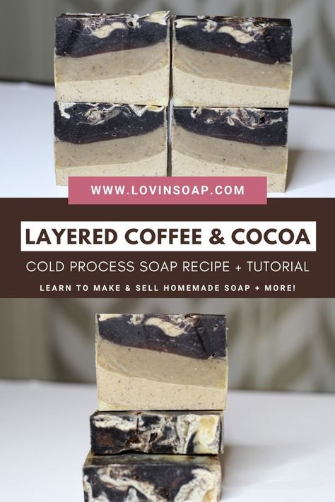 Learn how to make layered Coffee & Cocoa Cold Process Soap with this homemade soap recipe + design tutorial on the blog! I have so many fabulous fall soap recipes to share with you! Coffee & cocoa make a lovely pair for the perfect fall or winter soap. With these two combined, can we get any cozier? I could probably just curl up on the couch with a bar of this soap, holding it like a hot mug of coffee, close my eyes and breathe in the scent. Aahhh. Head to the blog! Happy soap making! Cold Process Dog Soap Recipes, Moisturizing Cold Process Soap Recipe, Cocoa Butter Soap Recipe, Chocolate Soap Recipe, Fall Soap Recipes, Coffee Soap Recipe, Homemade Soap Recipe, Natural Soaps Recipes, Recipe Design