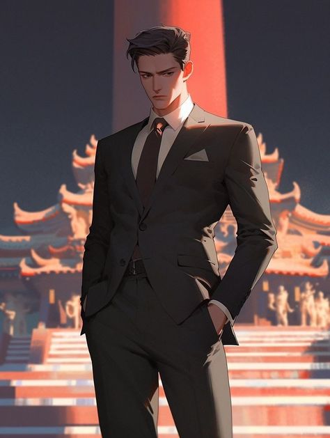 Handsome Anime Guys In Suits, Ceo Anime Guy, Handsome Anime Men In Suits, Anime Men In Suits, Chinese Man Art, Ceo Art, Anime Standing, Serious Pose, Male Anime