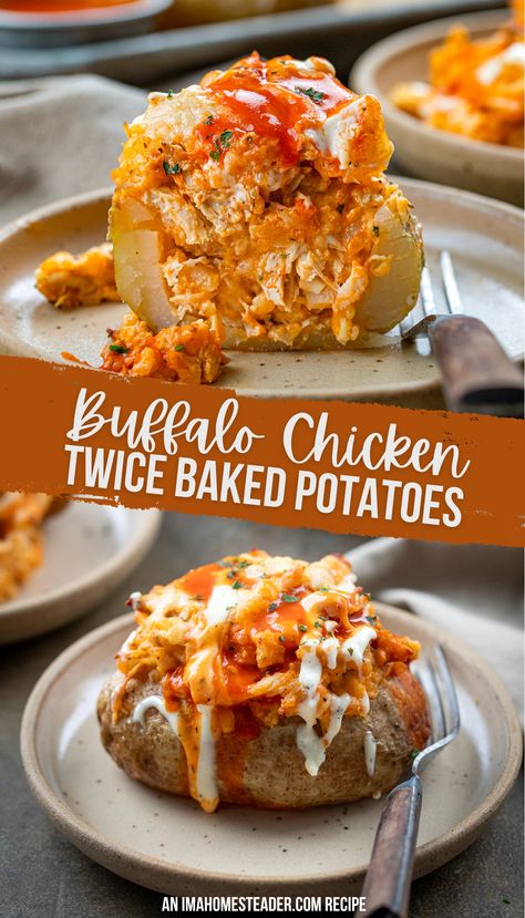 The top image shows a half of a twice baked potato on a speckled beige plate with a wood handled fork next to it. The bottom image shows a full buffalo chicken twice baked potato on another speckled beige plate with the same wooden handled fork next to it on a dark countertop. Twice Baked Buffalo Chicken Potato, Overstuffed Twice Baked Potatoes, Buffalo Chicken Baked Potatoes, Buffalo Baked Potato, Buffalo Chicken Twice Baked Potatoes, Buffalo Chicken Loaded Potato, Meatball Stuffed Baked Potato, Baked Potato Recipes Stuffed Healthy, Backed Potatoe Recipes