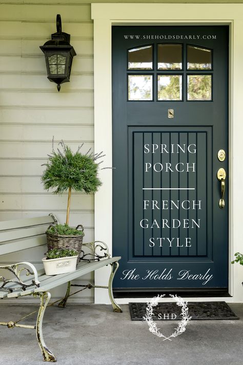 Would you like to create a French Kitchen Garden Inspired Front Porch with your Spring Decorating This year! Let me help you with these ide French Kitchen Garden, French Country Porch, Garden Front Porch, Porch Inspiration, French Front Doors, French Country Front Porch, Front Verandah, Vintage Porch, Country Porch