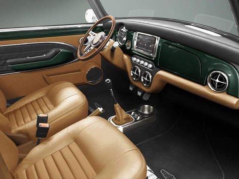 Brown Car Interior, Caramel Interior, Green Classic Car, Leyland Mini, Mini Cooper Interior, Brown Car, Mini Morris, Classic Car Photography, Mini Cooper Classic